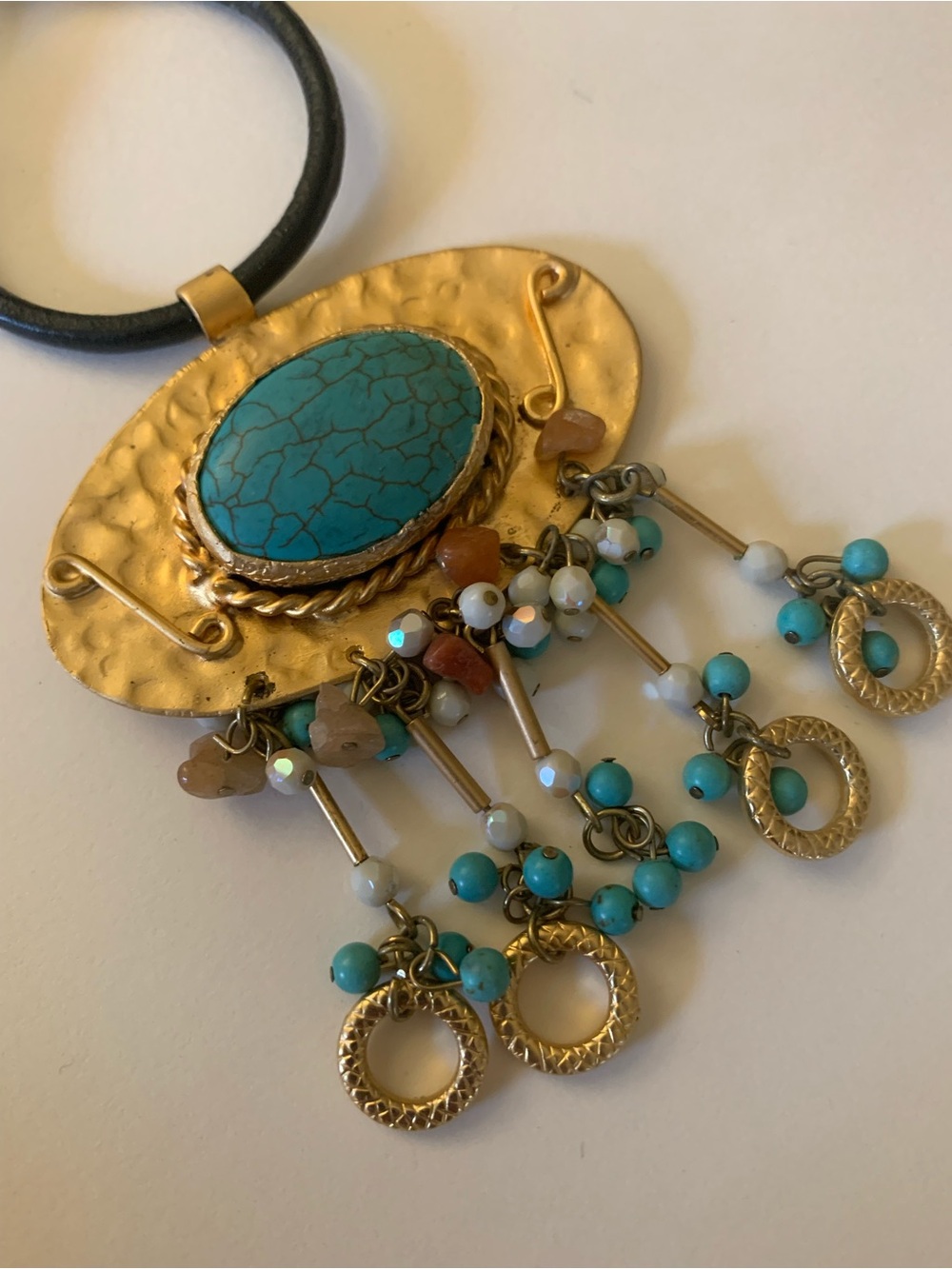 Gold-Tone Necklace with Turquoise Center and Beaded Tassels